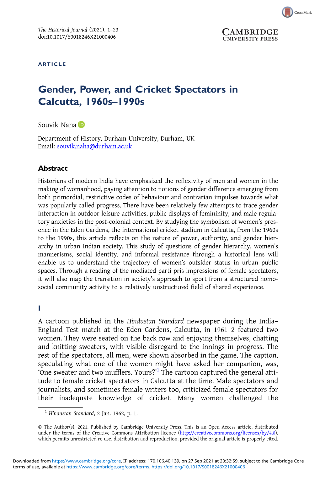 Gender, Power, and Cricket Spectators in Calcutta, 1960S–1990S