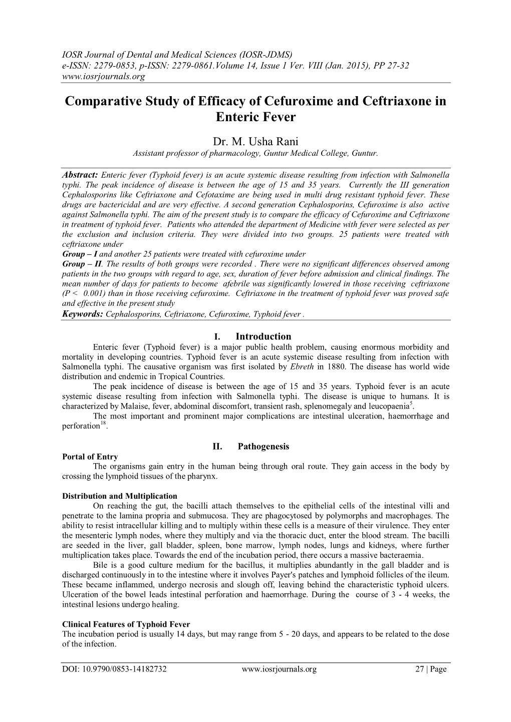 Comparative Study of Efficacy of Cefuroxime and Ceftriaxone in Enteric Fever