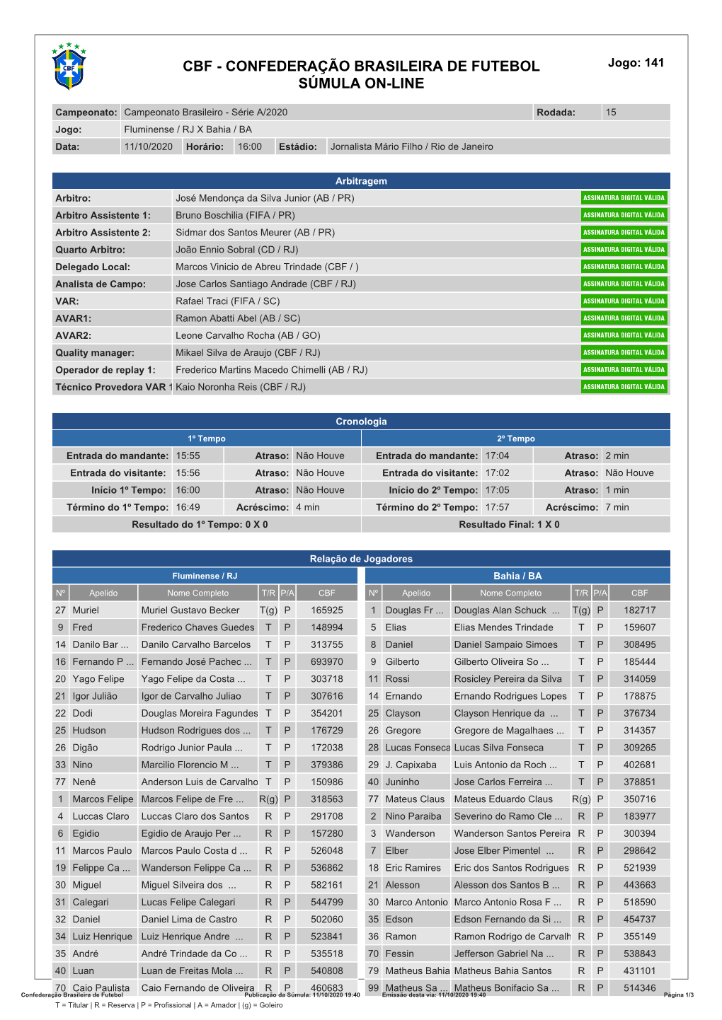 CBF - CONFEDERAÇÃO BRASILEIRA DE FUTEBOL Jogo: 141 SÚMULA ON-LINE