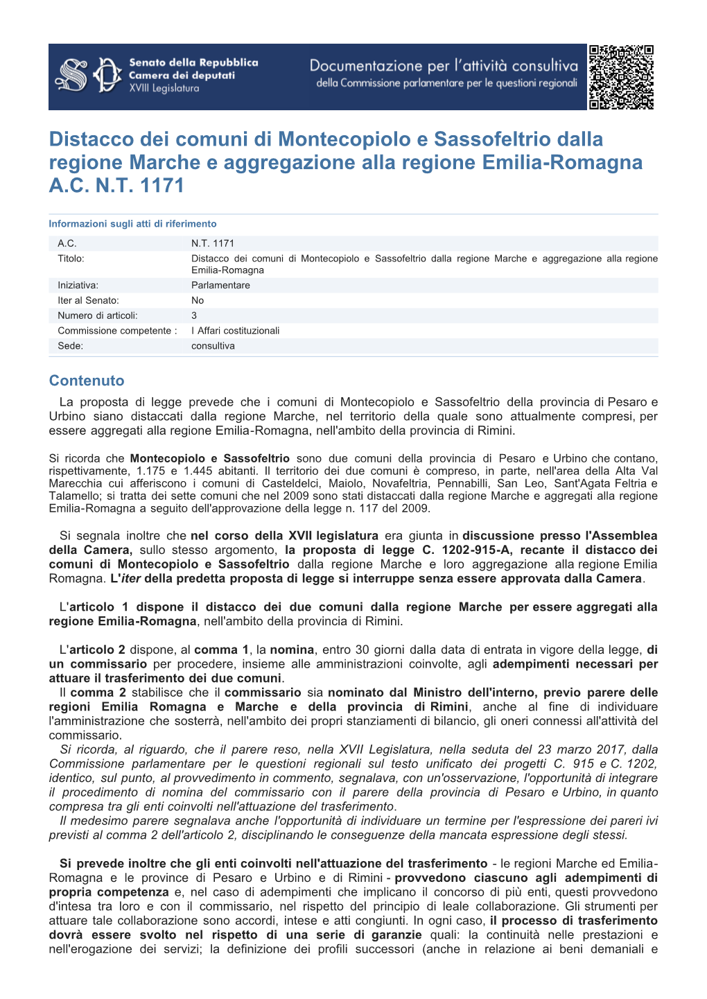 Distacco Dei Comuni Di Montecopiolo E Sassofeltrio Dalla Regione Marche E Aggregazione Alla Regione Emilia-Romagna A.C