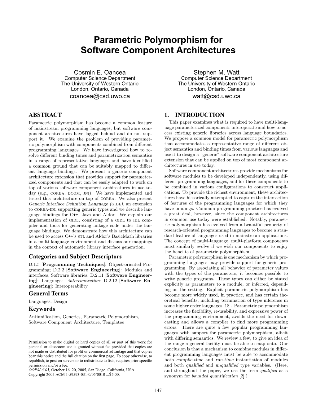 Parametric Polymorphism for Software Component Architectures