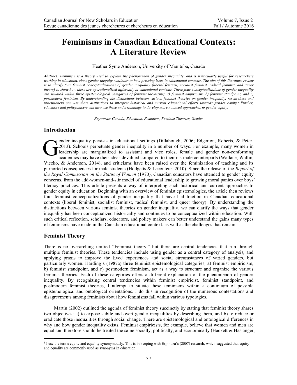 Feminisms in Canadian Educational Contexts: a Literature Review