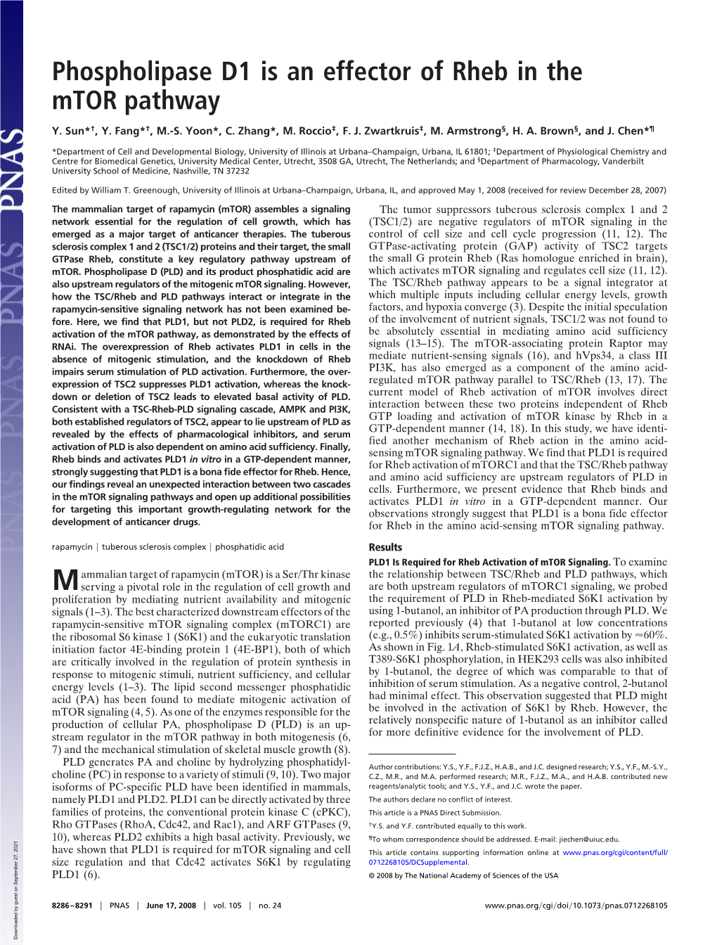 Phospholipase D1 Is an Effector of Rheb in the Mtor Pathway