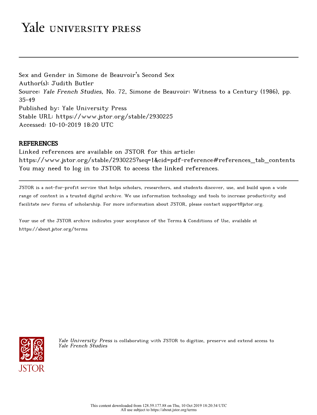 Sex and Gender in Simone De Beauvoir's Second Sex Author(S): Judith Butler Source: Yale French Studies, No