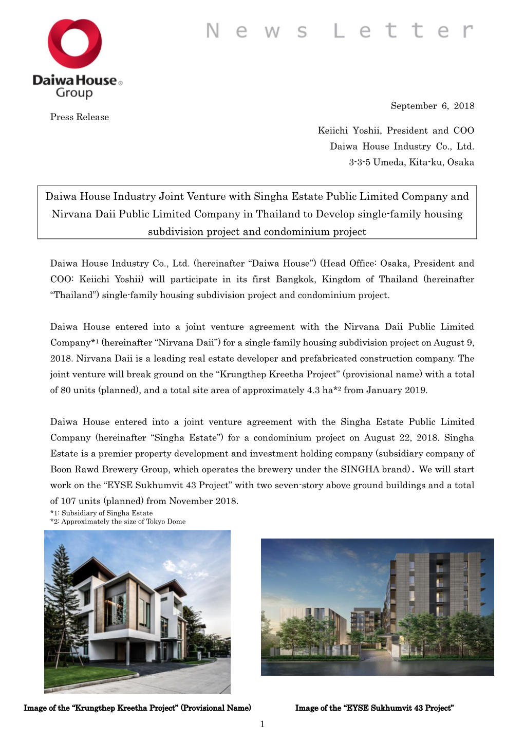 Daiwa House Industry Joint Venture with Singha Estate Public Limited Company and Nirvana Daii Public Limited Company in Thailand