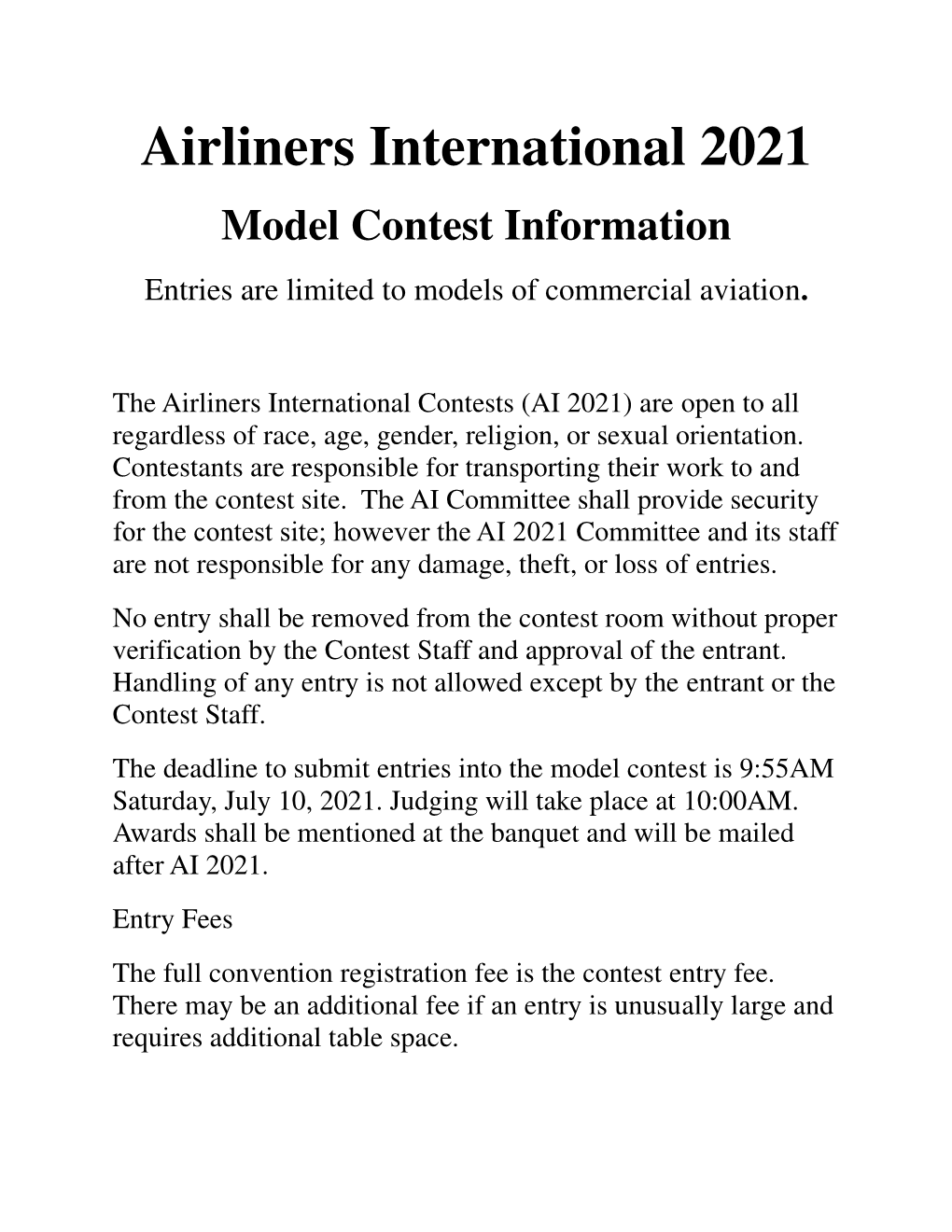 Airliners International 2021 Model Contest Information Entries Are Limited to Models of Commercial Aviation