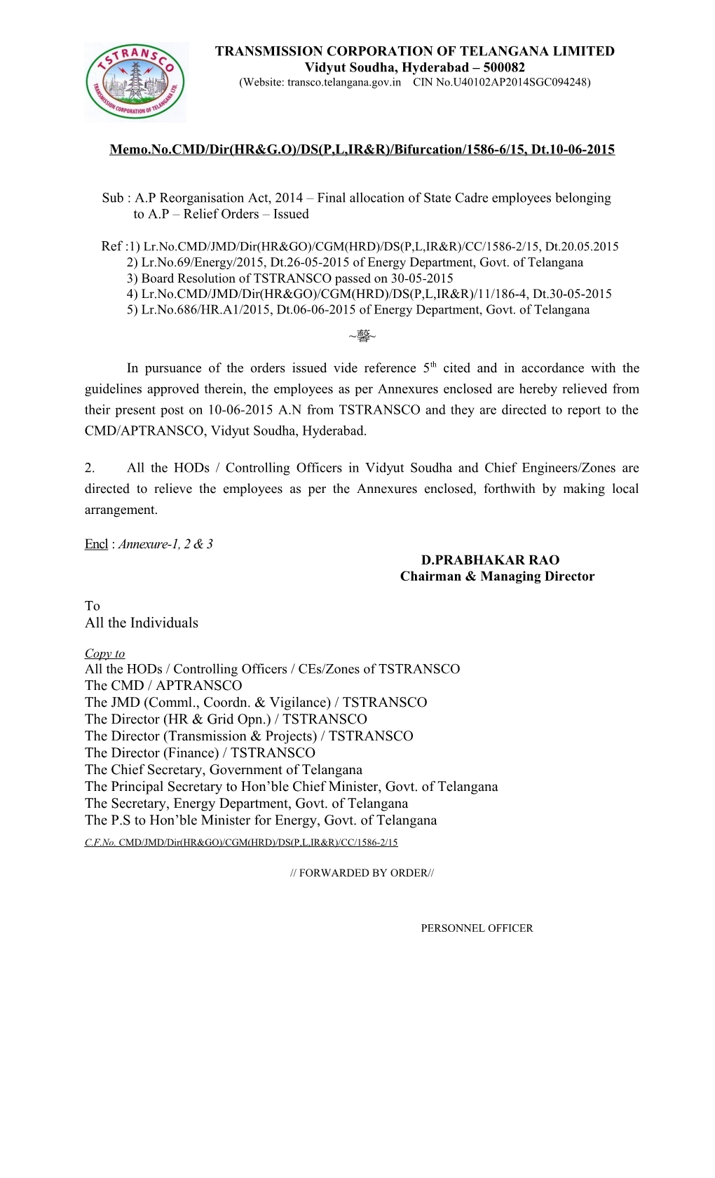 Memo.No.CMD/Dir(HR&G.O)/DS(P,L,IR&R)/Bifurcation/1586-6/15, Dt.10-06-2015