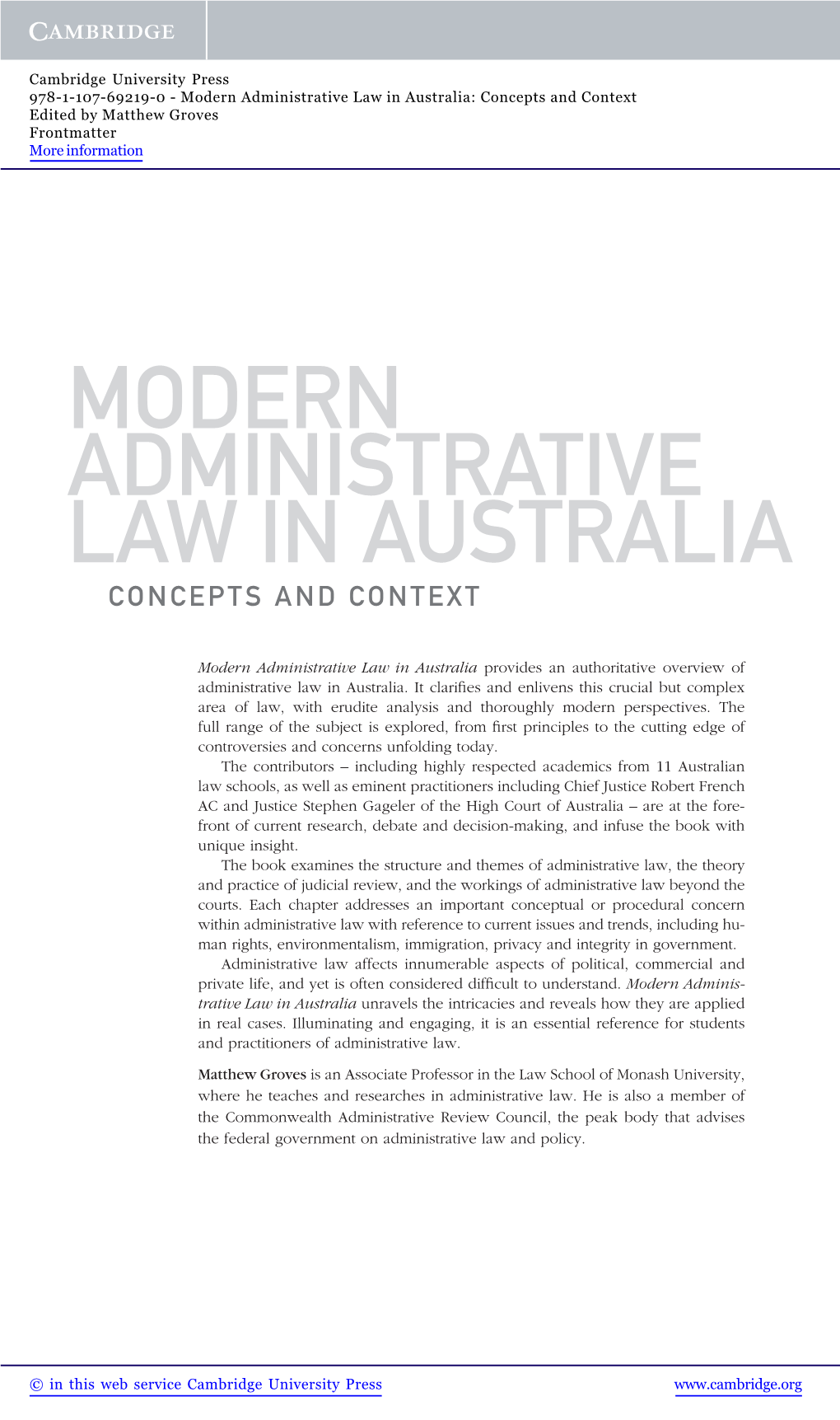 Modern Administrative Law in Australia: Concepts and Context Edited by Matthew Groves Frontmatter More Information