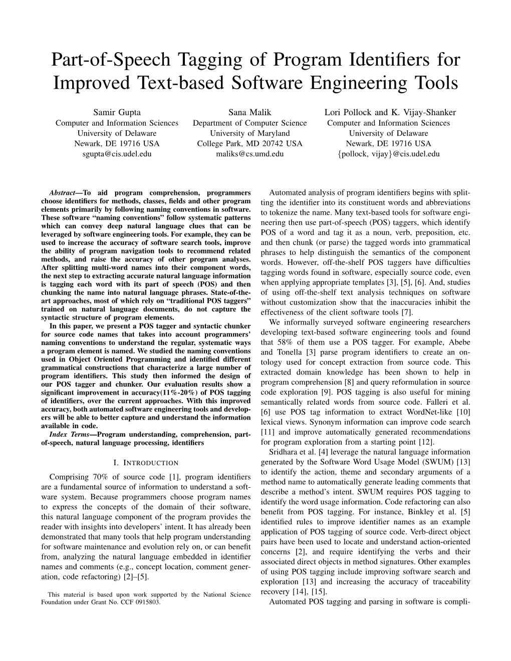 Part-Of-Speech Tagging of Program Identifiers for Improved Text-Based Software Engineering Tools