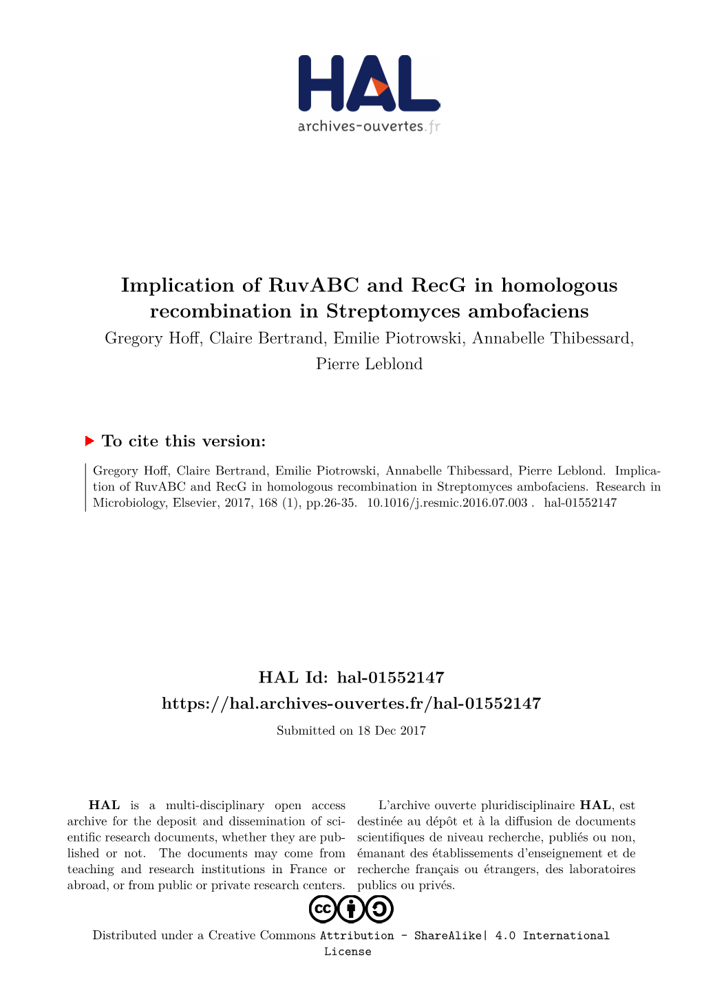 Implication of Ruvabc and Recg in Homologous Recombination In