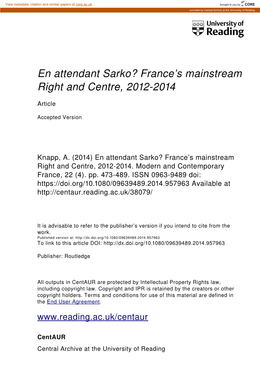 En Attendant Sarko? France's Mainstream Right and Centre