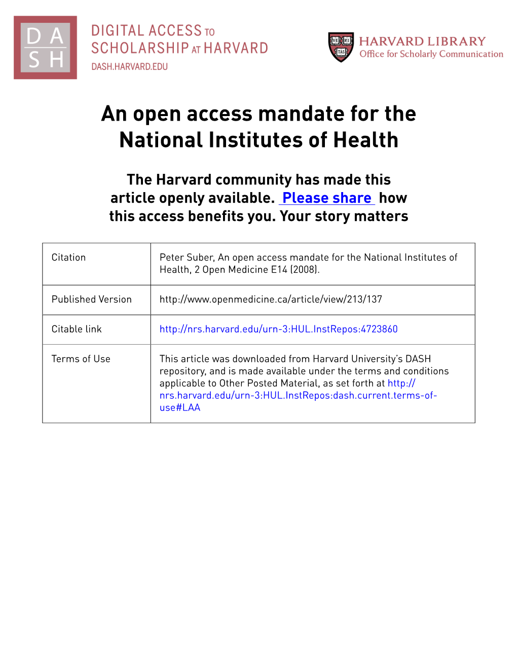 An Open Access Mandate for the National Institutes of Health