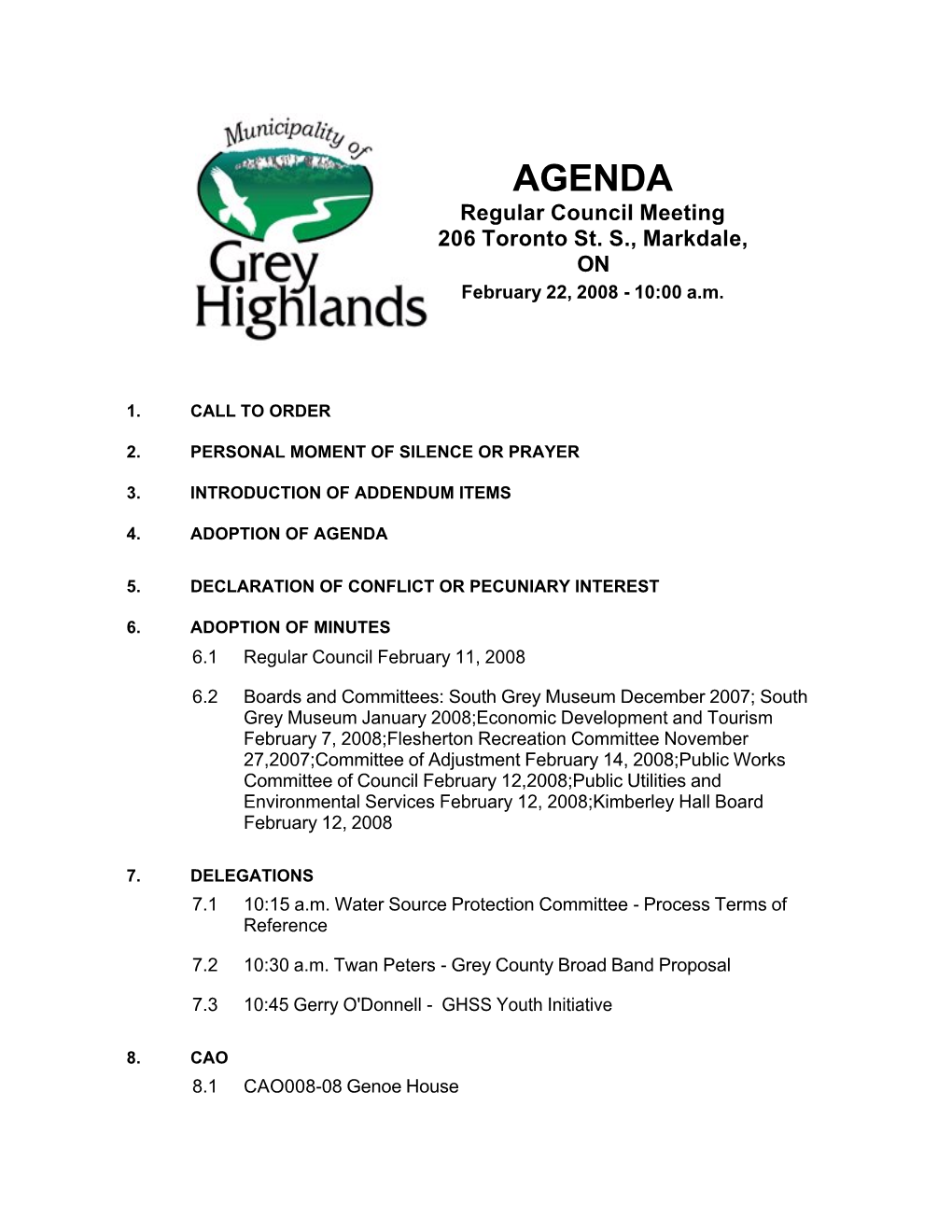 AGENDA Regular Council Meeting 206 Toronto St