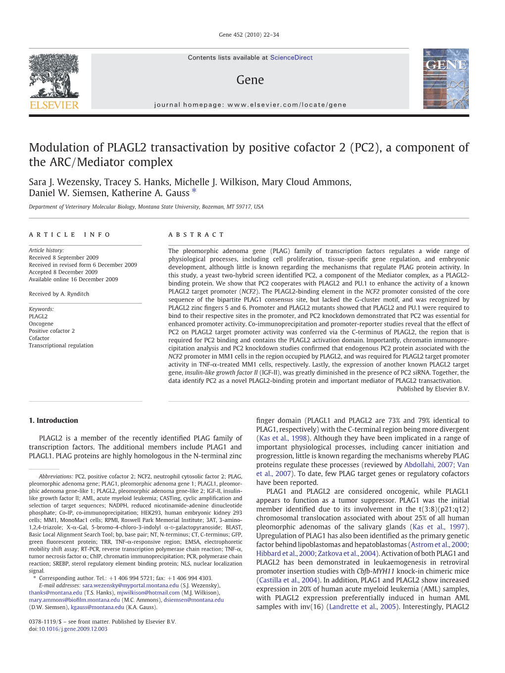 Modulation of PLAGL2 Transactivation by Positive Cofactor 2 (PC2), a Component of the ARC/Mediator Complex