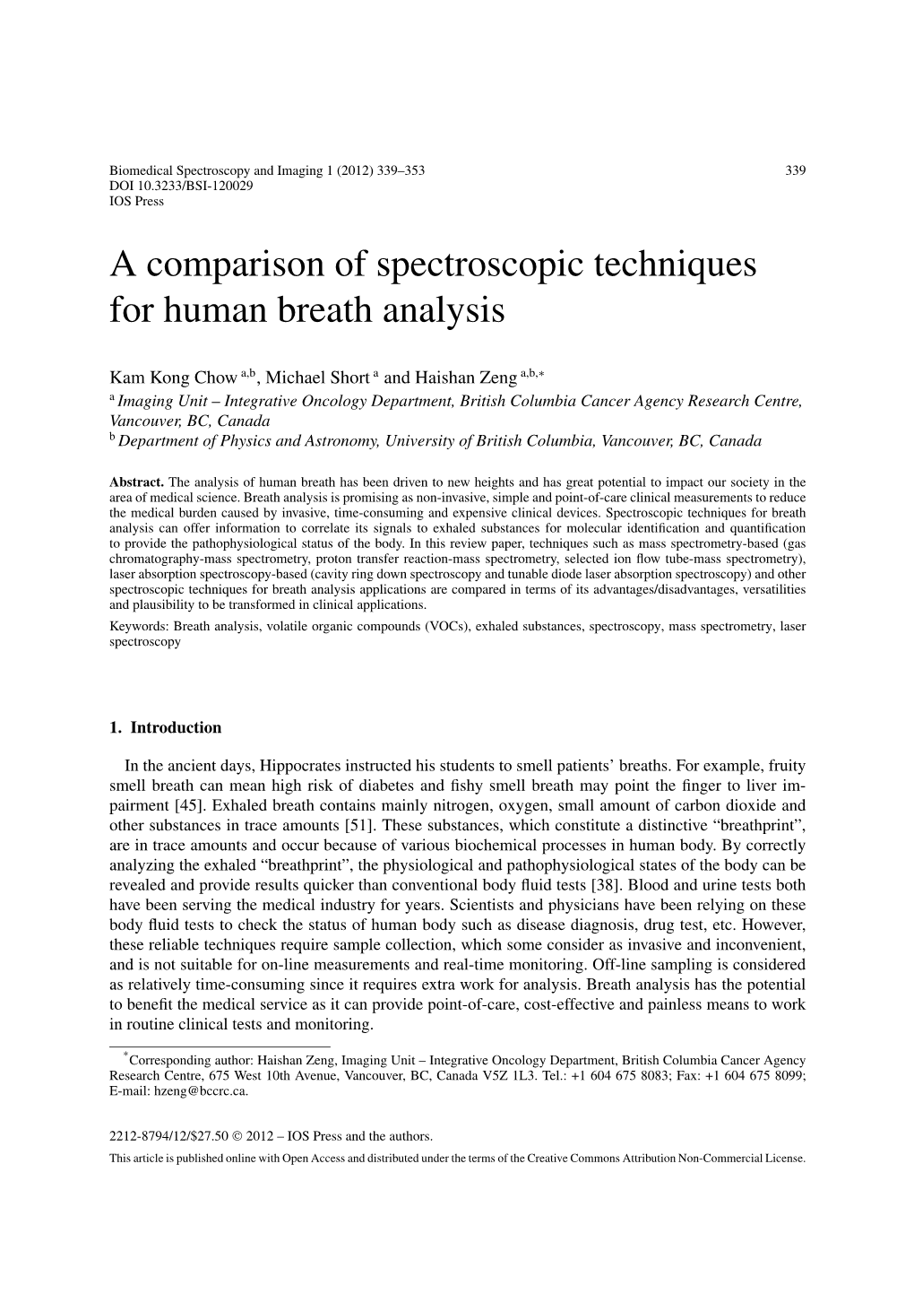 A Comparison of Spectroscopic Techniques for Human Breath Analysis
