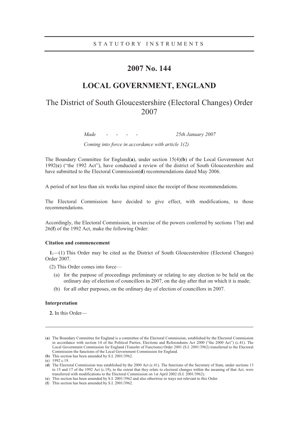 Electoral Changes) Order 2007
