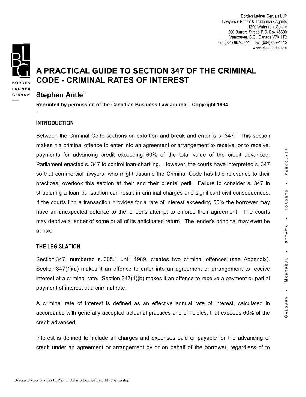 A Practical Guide to Section 347 of the Criminal Code - Criminal Rates of Interest