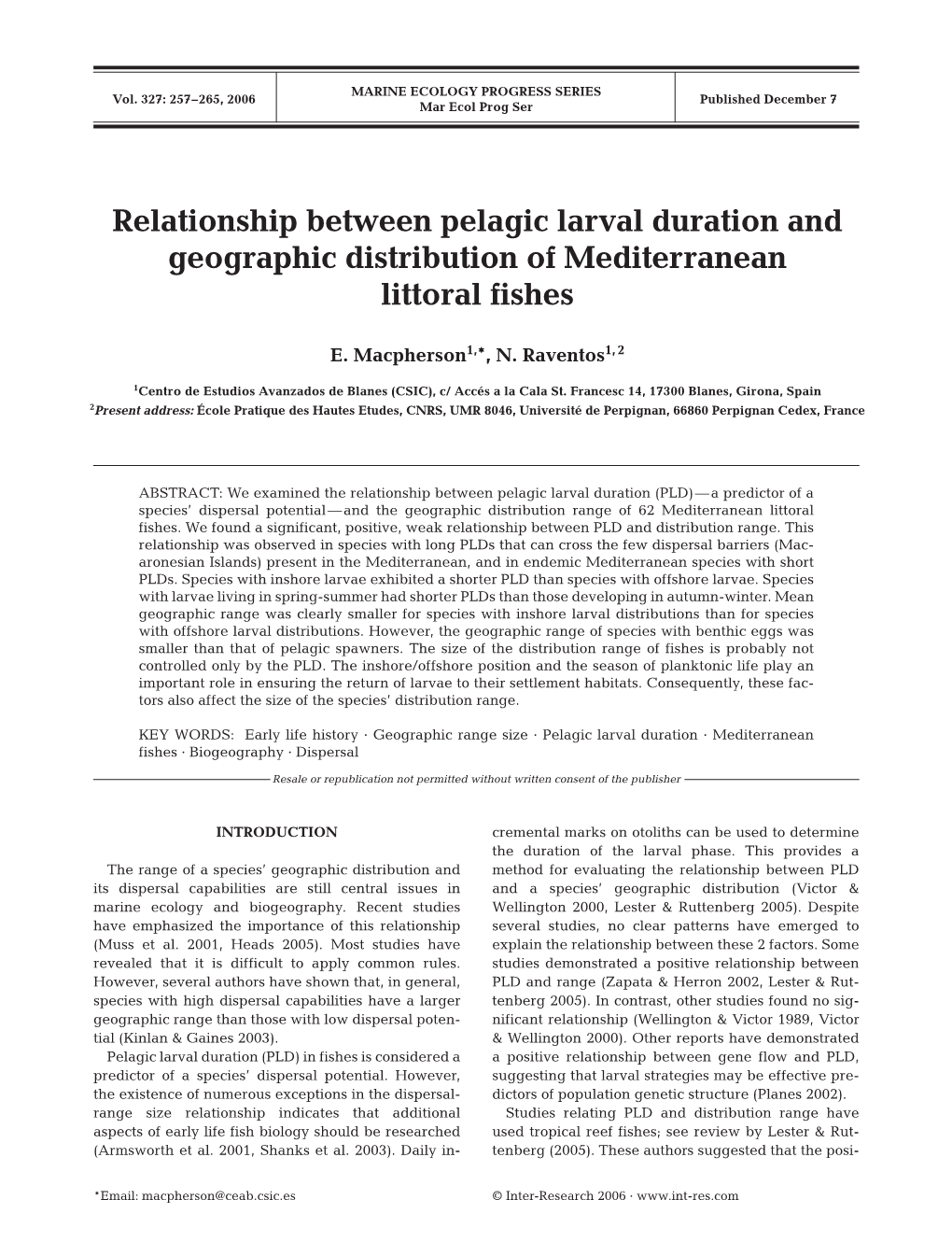 Relationship Between Pelagic Larval Duration and Geographic Distribution of Mediterranean Littoral Fishes