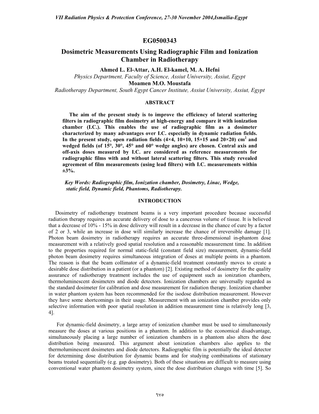 EG0500343 Dosimetric Measurements Using Radiographic Film and Ionization Chamber in Radiotherapy Ahmed L