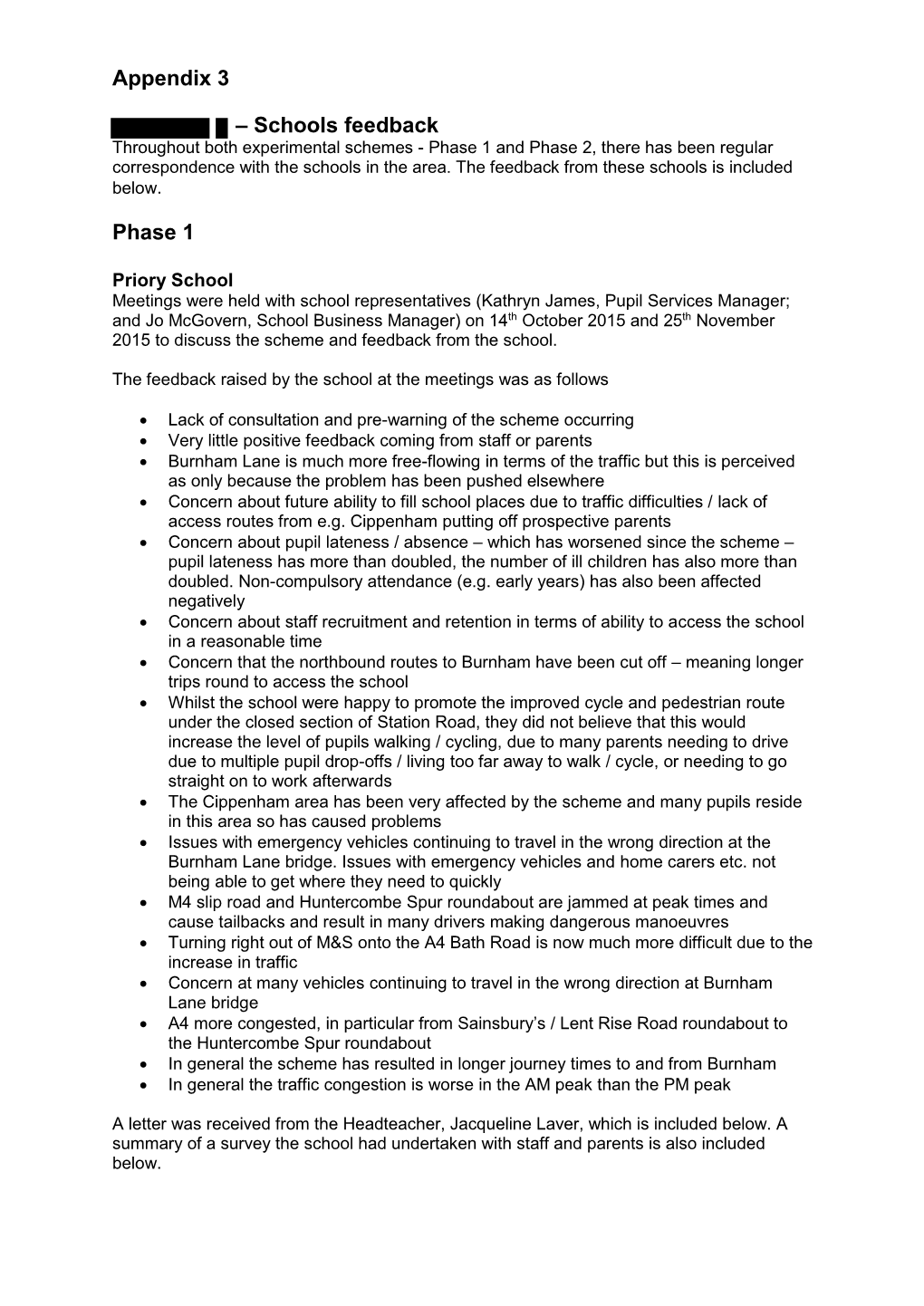 – Schools Feedback Phase 1 Appendix 3