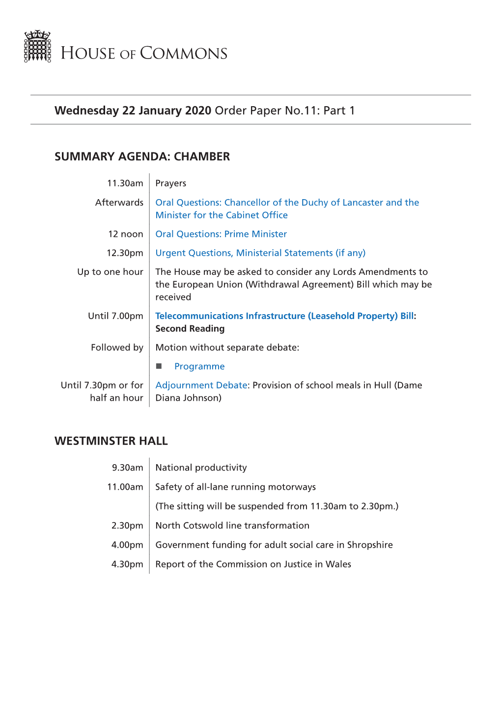 Order Paper for Wed 22 Jan 2020