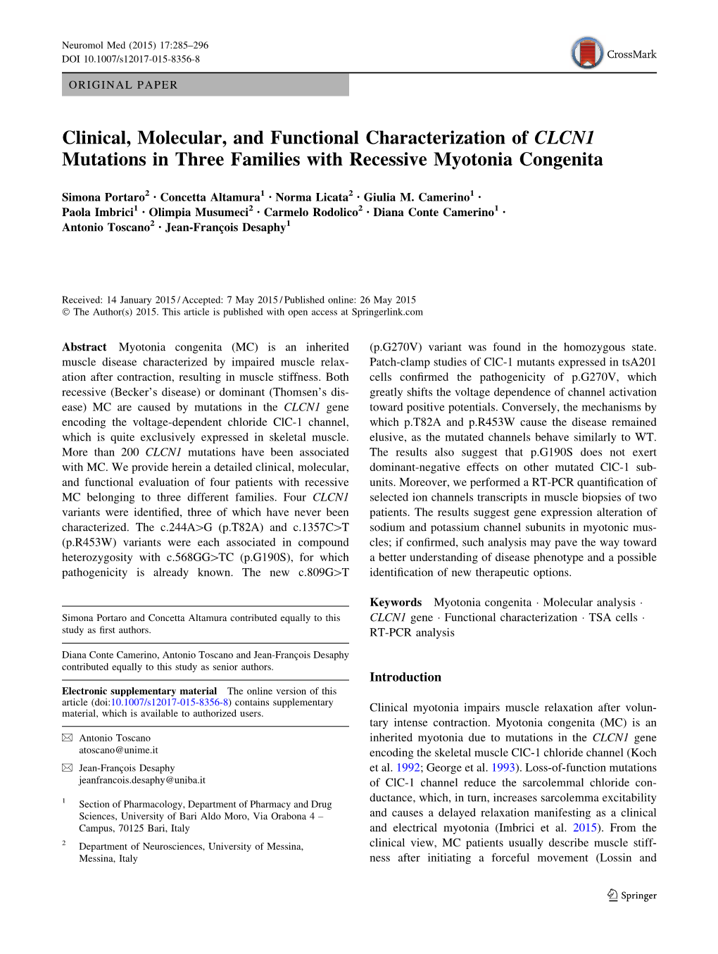 Clinical, Molecular, and Functional Characterization of CLCN1 Mutations in Three Families with Recessive Myotonia Congenita