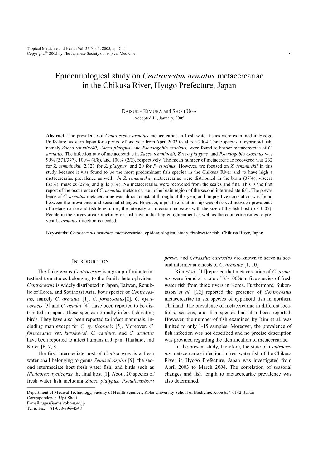 Epidemiological Study on Centrocestus Armatus Metacercariae in the Chikusa River, Hyogo Prefecture, Japan