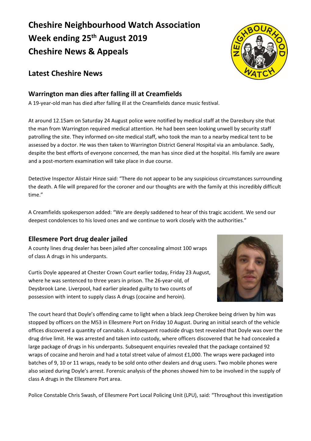 Cheshire Neighbourhood Watch Association Week Ending 25Th August 2019 Cheshire News & Appeals