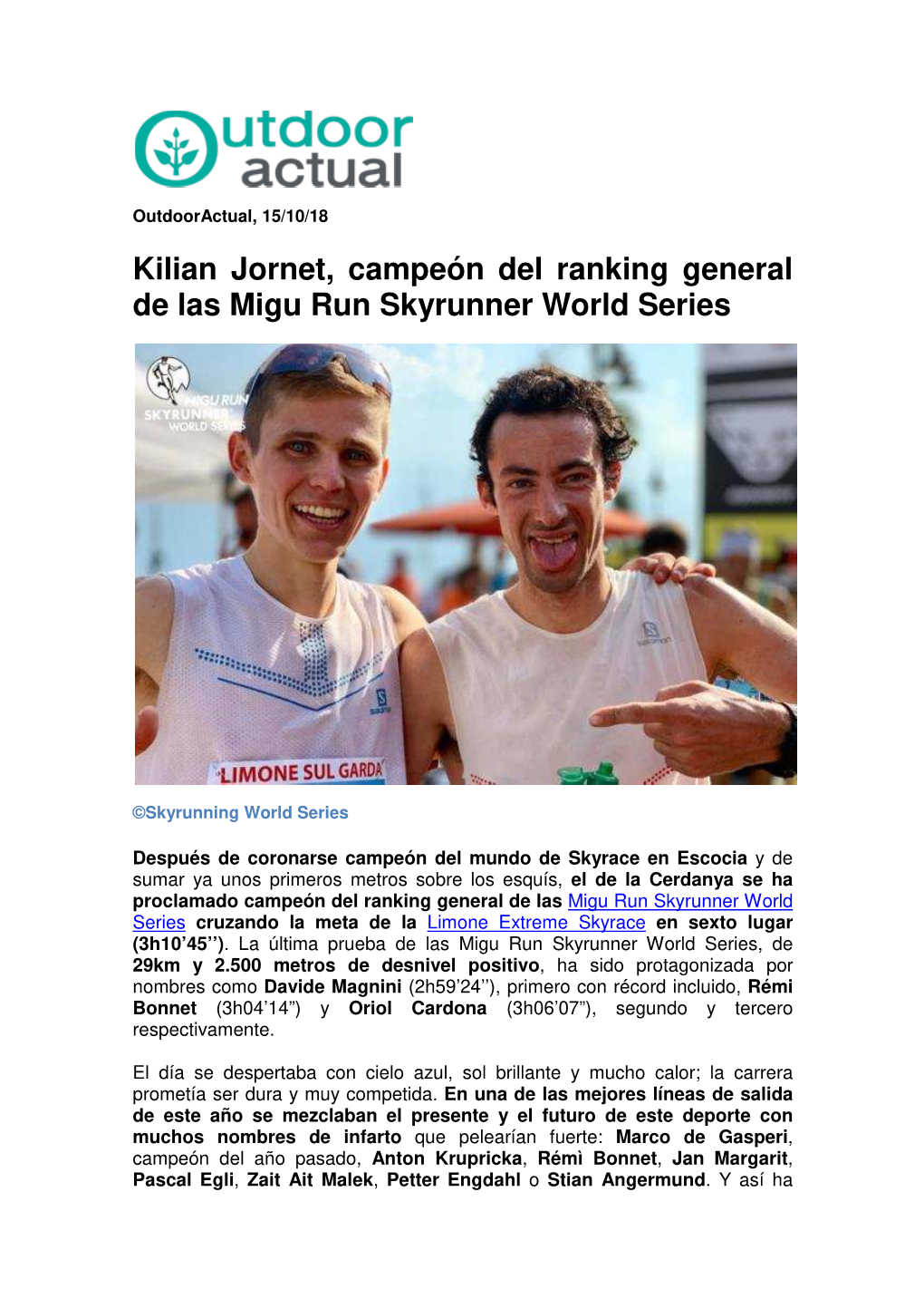 Kilian Jornet, Campeón Del Ranking General De Las Migu Run Skyrunner World Series