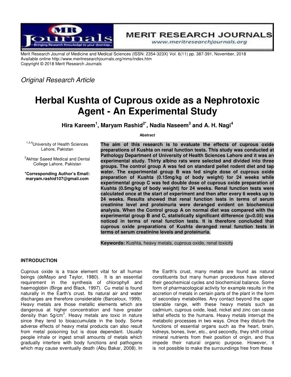 Herbal Kushta of Cuprous Oxide As a Nephrotoxic Agent - an Experimental Study