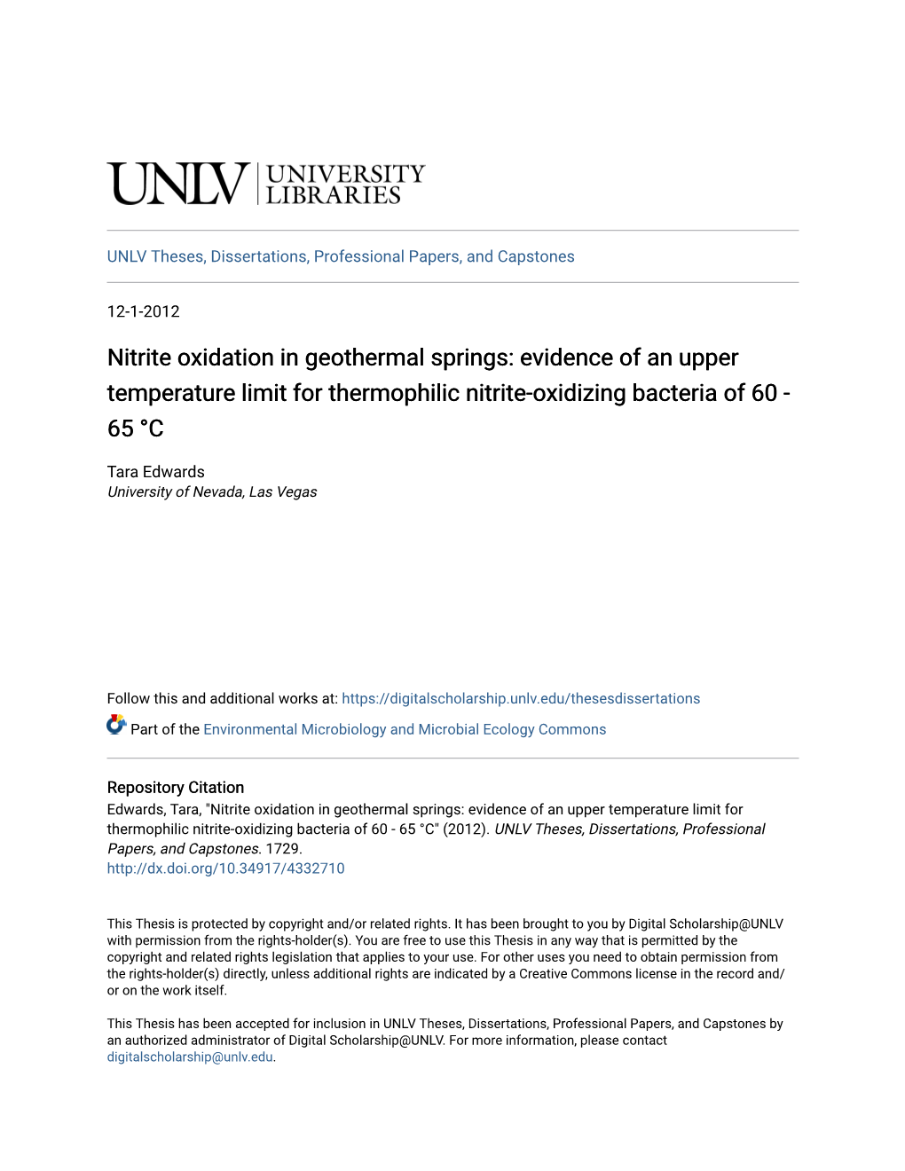 Nitrite Oxidation in Geothermal Springs: Evidence of an Upper Temperature Limit for Thermophilic Nitrite-Oxidizing Bacteria of 60 - 65 °C