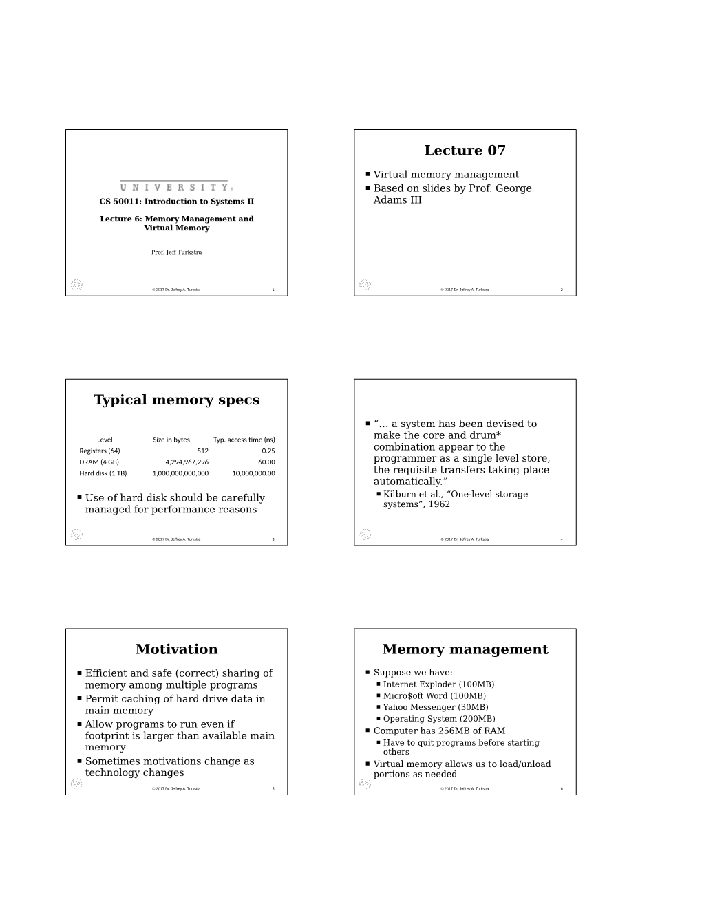 Lecture 07 Typical Memory Specs Motivation Memory Management