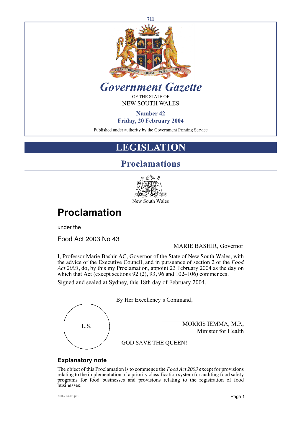 Government Gazette of the STATE of NEW SOUTH WALES Number 42 New South Wales Friday, 20 February 2004 Published Under Authority by the Government Printing Service