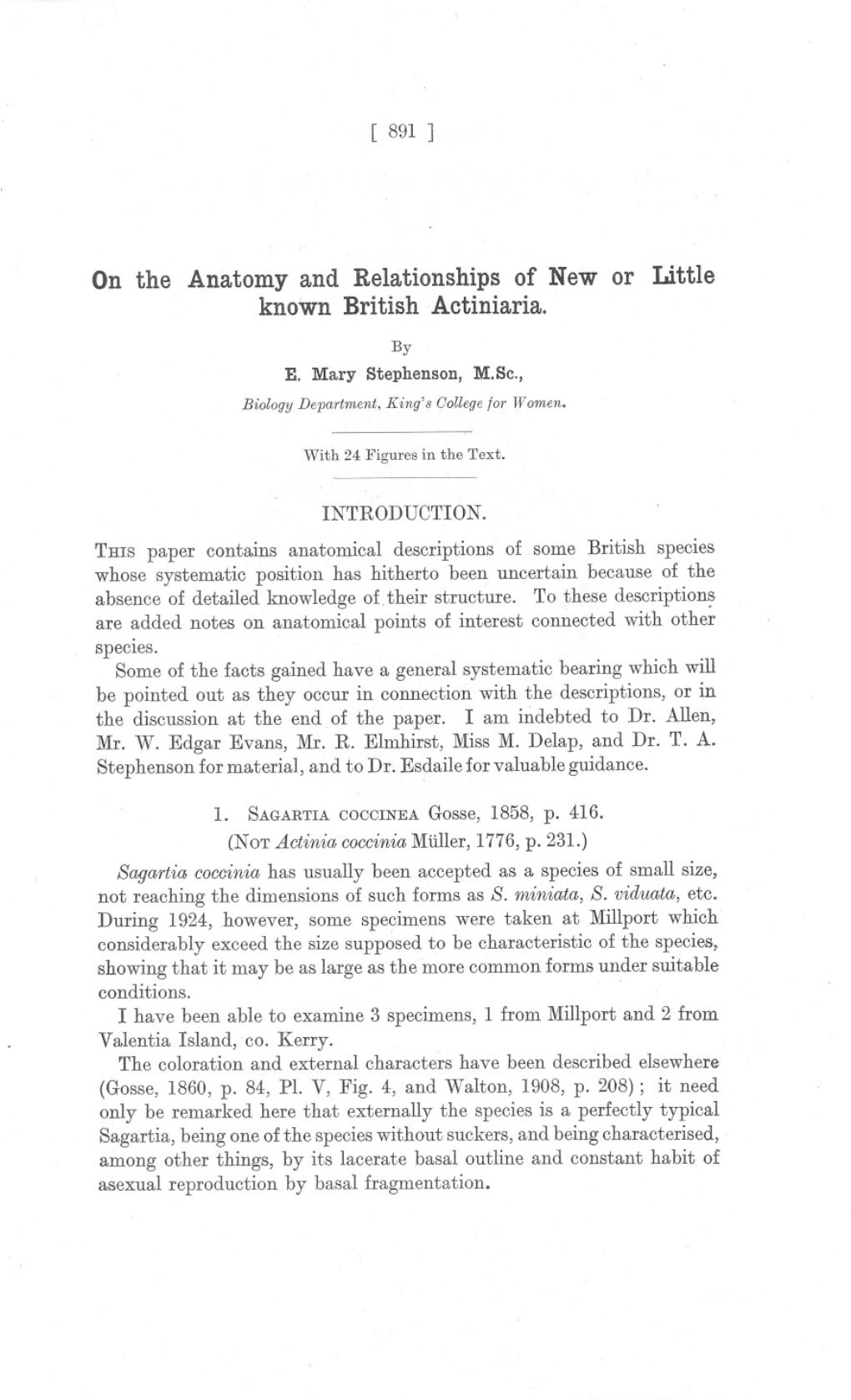 On the Anatomy and Relationships of New Or Little Known British Actiniaria