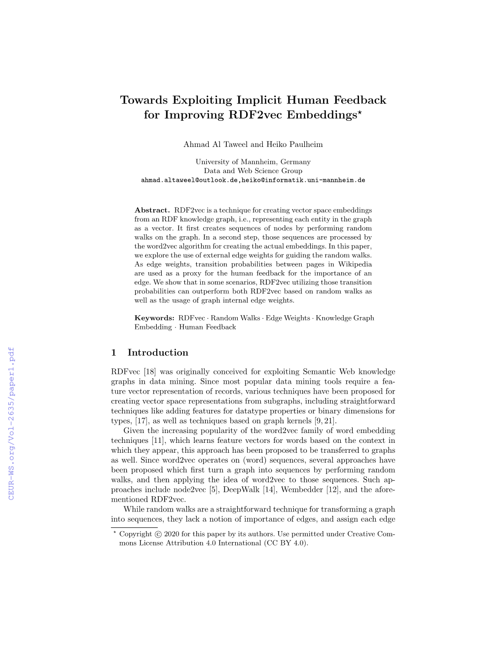 Towards Exploiting Implicit Human Feedback for Improving Rdf2vec Embeddings?