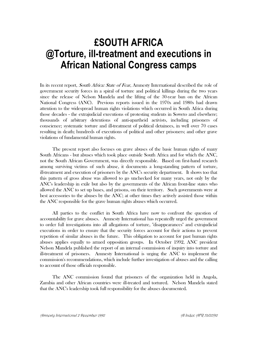 £SOUTH AFRICA @Torture, Ill-Treatment and Executions in African National Congress Camps