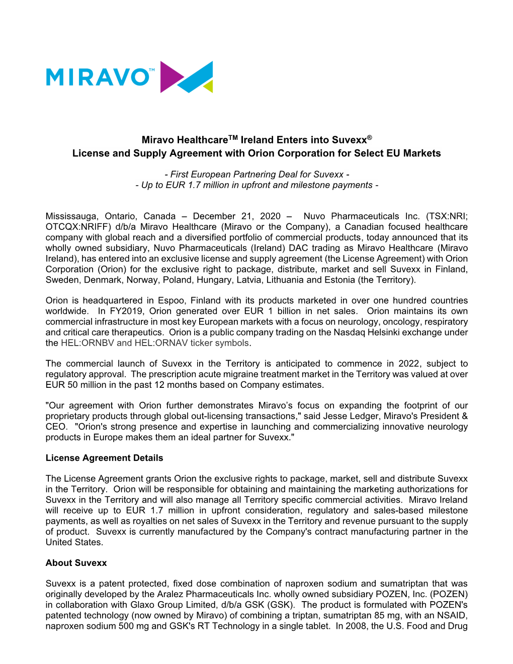 Miravo Healthcare TM Ireland Enters Into Suvexx® License and Supply
