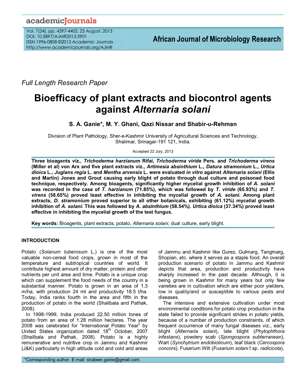 Bioefficacy of Plant Extracts and Biocontrol Agents Against Alternaria Solani
