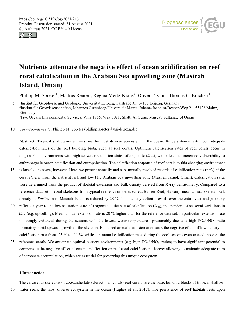 Nutrients Attenuate the Negative Effect of Ocean Acidification on Reef Coral Calcification in the Arabian Sea Upwelling Zone (Masirah Island, Oman) Philipp M