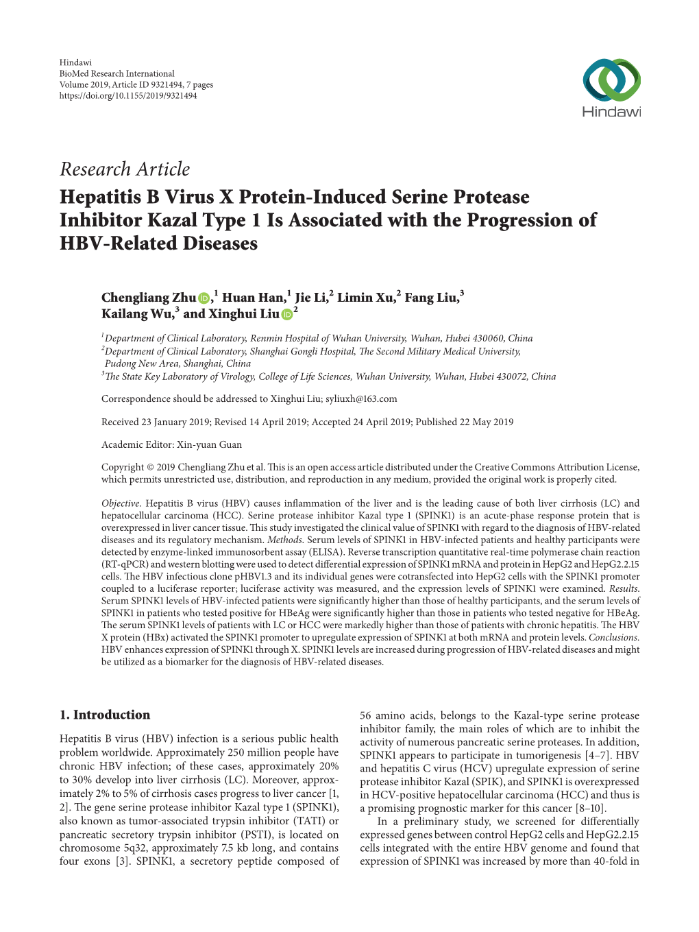 Research Article Hepatitis B Virus X Protein-Induced Serine Protease Inhibitor Kazal Type 1 Is Associated with the Progression of HBV-Related Diseases