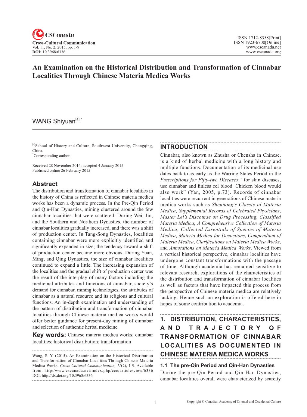 An Examination on the Historical Distribution and Transformation of Cinnabar Localities Through Chinese Materia Medica Works
