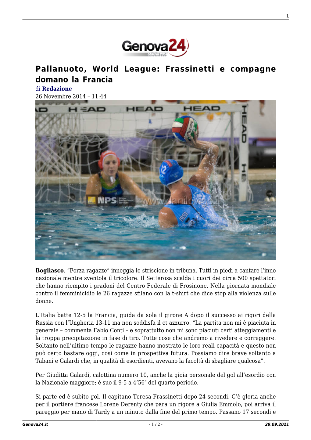 Pallanuoto, World League: Frassinetti E Compagne Domano La Francia Di Redazione 26 Novembre 2014 – 11:44