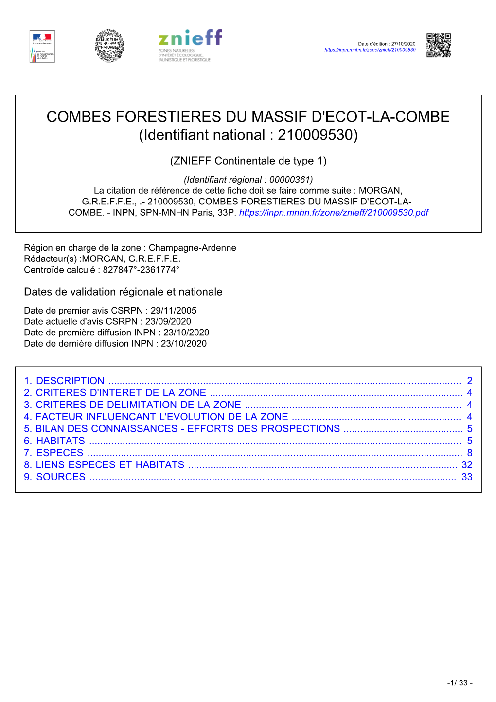 COMBES FORESTIERES DU MASSIF D'ecot-LA-COMBE (Identifiant National : 210009530)