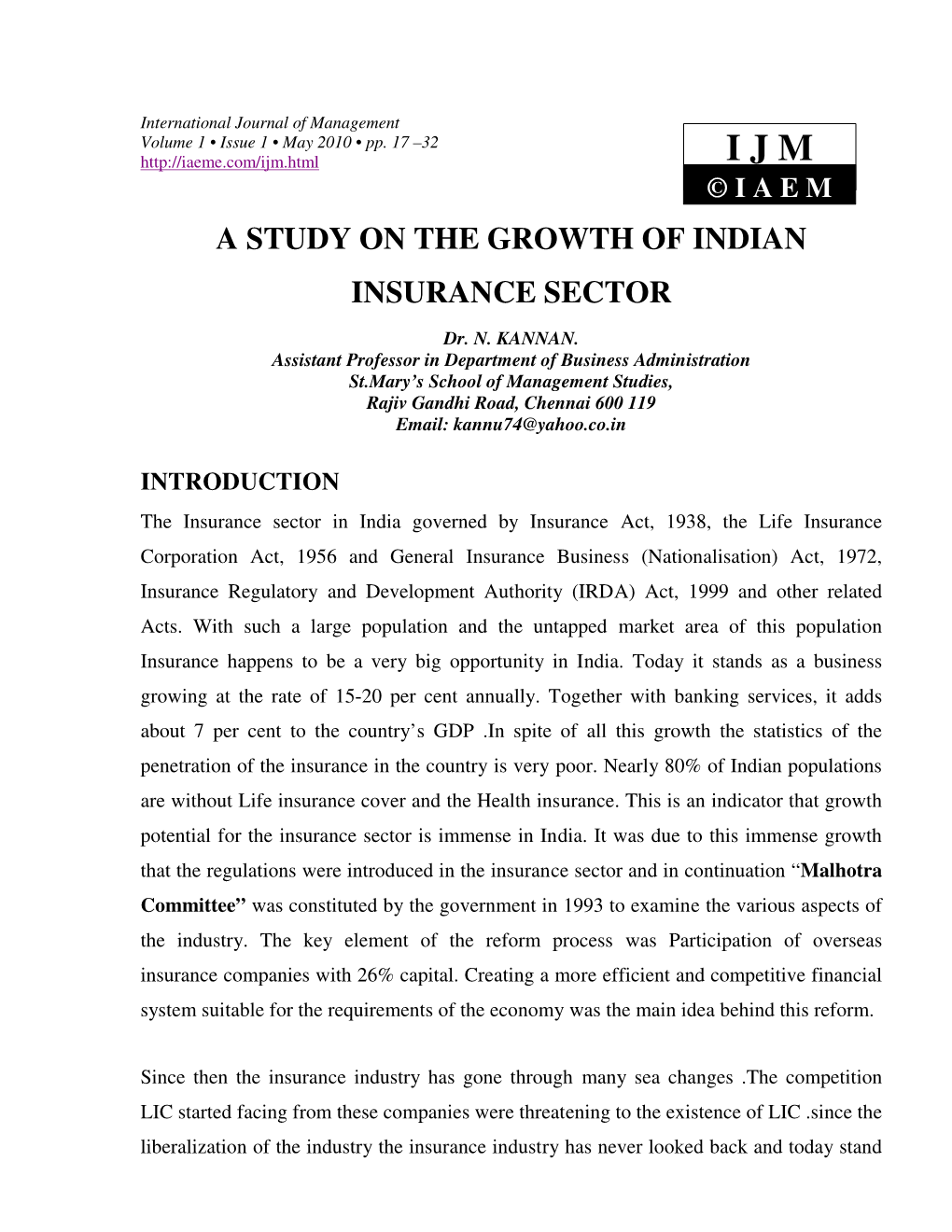A Study on the Growth of Indian Insurance Sector