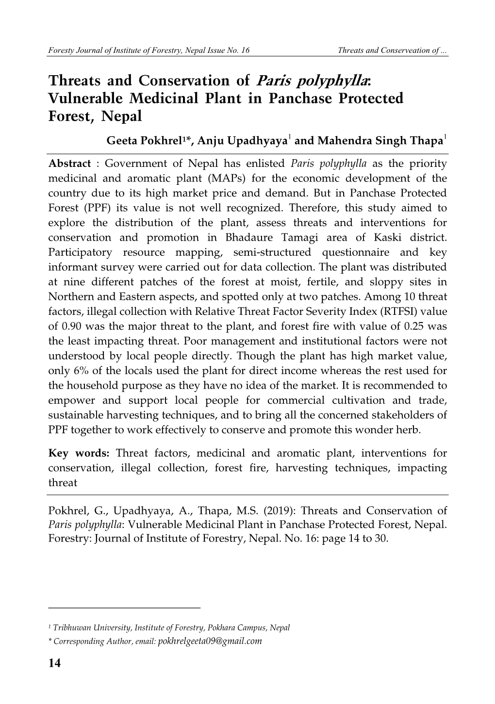 Vulnerable Medicinal Plant in Panchase Protected Forest, Nepal