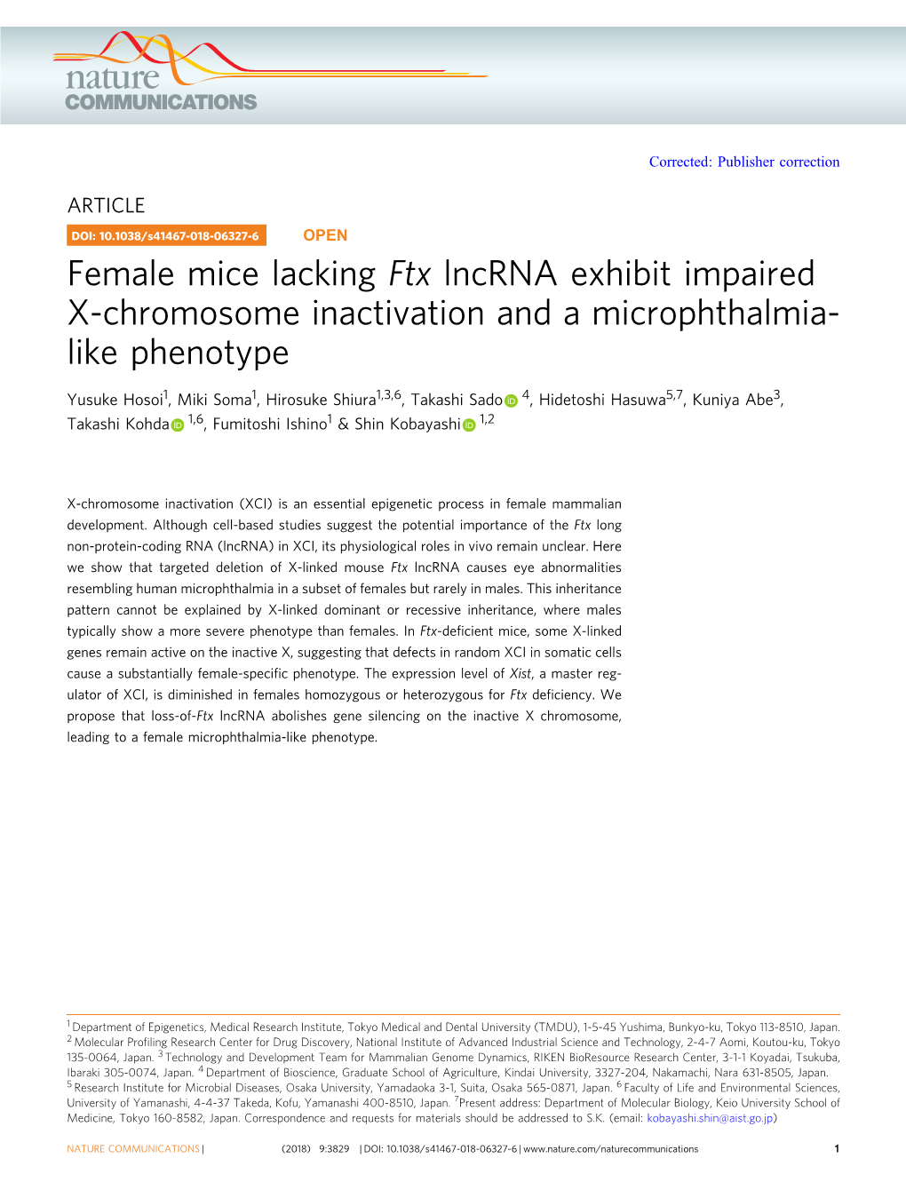 Female Mice Lacking Ftx Lncrna Exhibit Impaired X-Chromosome Inactivation and a Microphthalmia- Like Phenotype