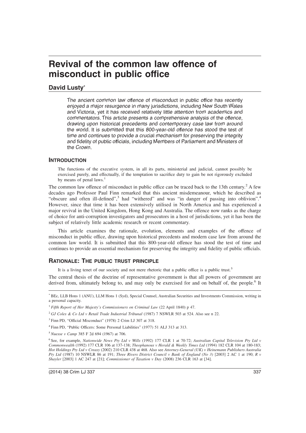 Revival of the Common Law Offence of Misconduct in Public Office