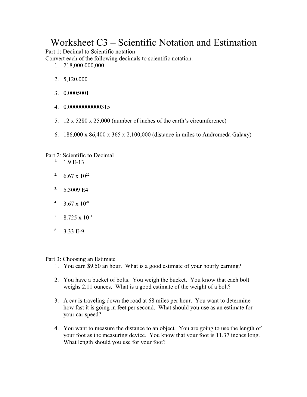 Worksheet C3 Scientific Notation and Estimation