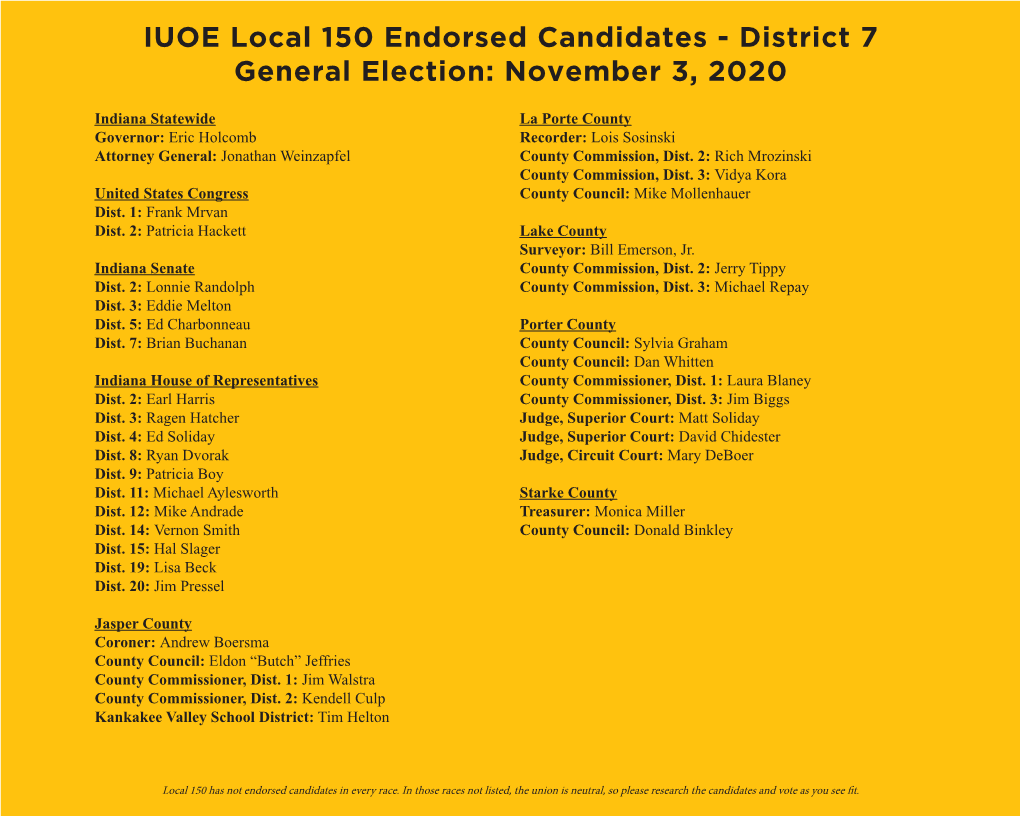 IUOE Local 150 Endorsed Candidates - District 7 General Election: November 3, 2020