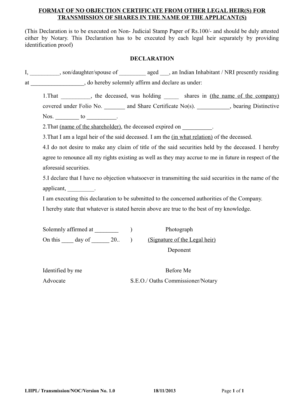 Format of No Objection Certificate from Other Legal Heir(S) for Transmission of Shares